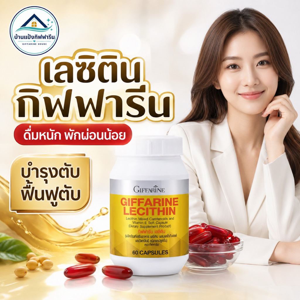 น เลซิติน Giffarine Lecithin ผสมแคโรทีนอยด์และวิตามินอี ชนิดแคปซูลนิ่ม 60 แคปซูล