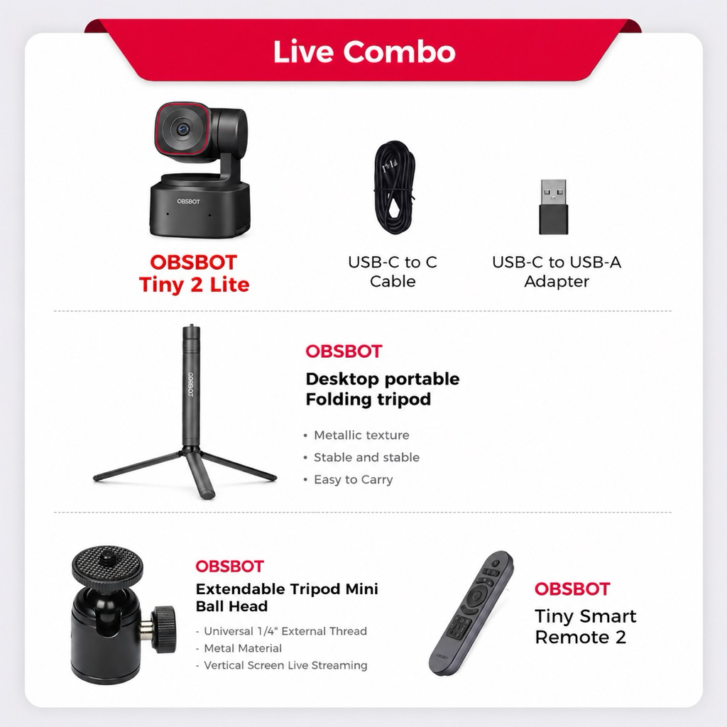 📸 OBSBOT Tiny 2 Lite AI 4K + Remote + ขาตั้ง + Ball Head