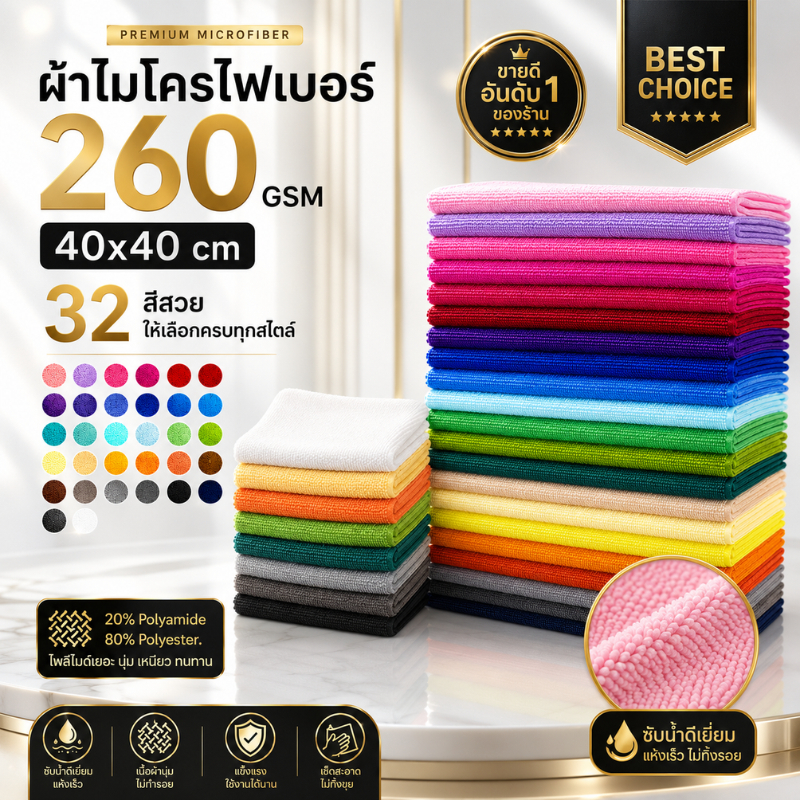 ผ้าไมโครไฟเบอร์ 260 GSM 40x40 ซม. โพลีเอมายด์ 20% เต็ม ซับน้ำดี ไม่เป็นขุย เช็ดรถและกระจก ผ้าเนื้อฟู