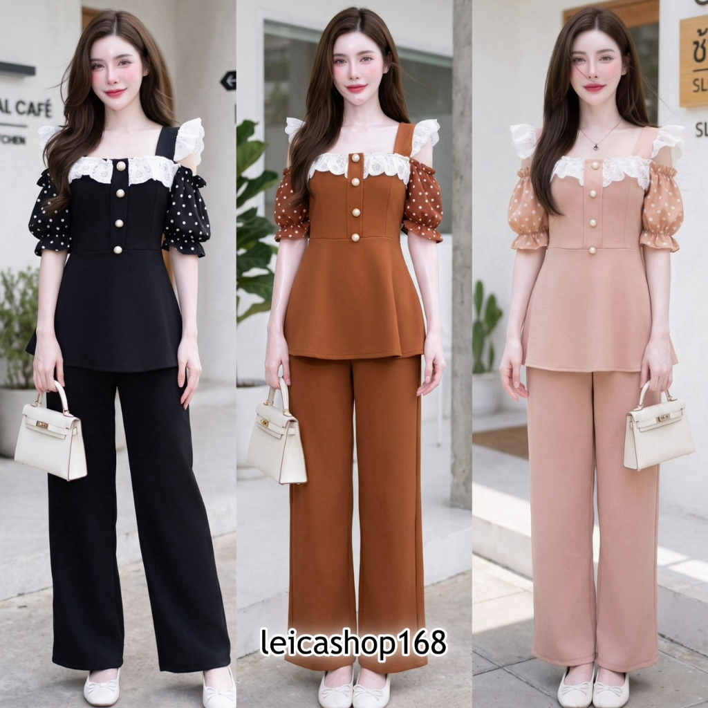 พร้อมส่ง ชุดเซตออกงาน ผ้าวูลเวฟ เสื้อคอเหลี่ยม แขนตุ๊กตาผ้าไหมอิตาลี(Polka Dot) แต่งระบายลูกไม้  สม๊อคหลัง+กางเกง