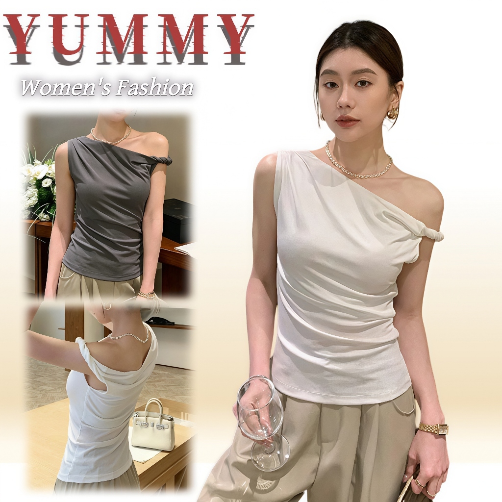 Yummy Shop ㈦ เสื้อเปิดไหล่ผู้หญิง แขนสั้นทรงเข้ารูป ผ้ายืดนุ่ม สีพื้น เสื้อแฟชั่นเกาหลี ใส่เที่ยวคาเฟ่‘ 2370