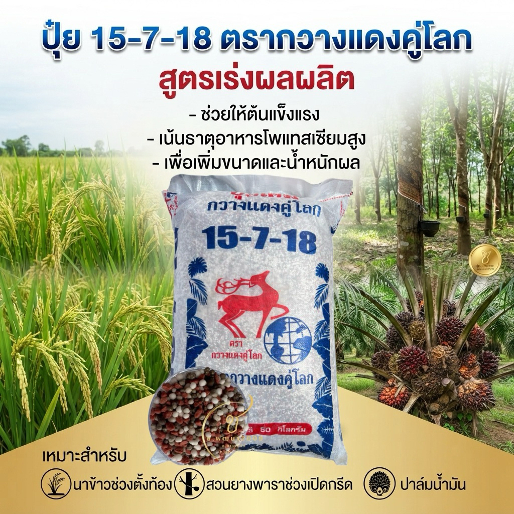 ปุ๋ยเคมี 15-7-18 ตรากวางแดง 50กก. เป็นปุ๋ยบำรุงพืชสูตรเร่งผลผลิต