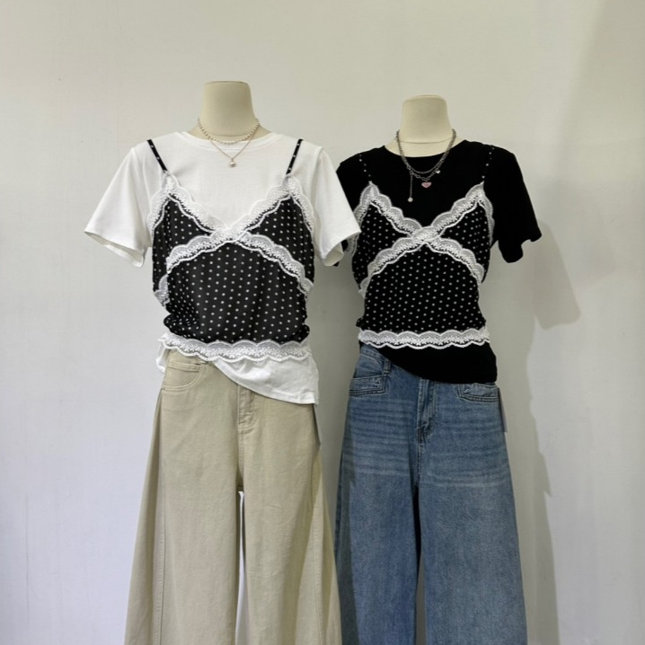A1082 เสื้อยืดแต่งลูกไม้ลายจุด หวานละมุนแต่ยังดูแฟชั่น  เสื้อดีไซน์เลเยอร์ แต่งลูกไม้ลายจุด