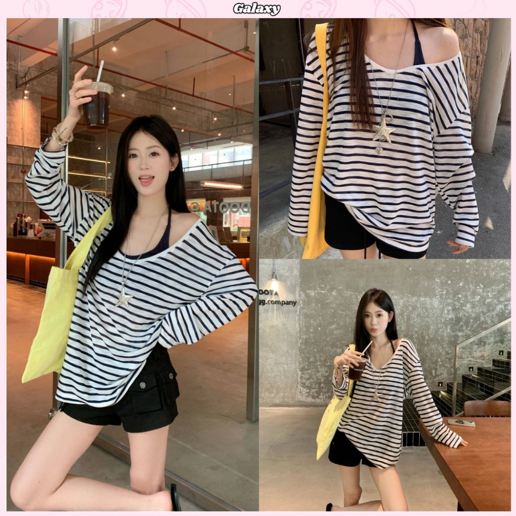 เสื้อแขวนยาว เสื้อลายทางเปิดไหล่ ทรงหลวม เปิดไหล่ สไตล์ลำลอง เลซี ผ้าสบายๆ #020454