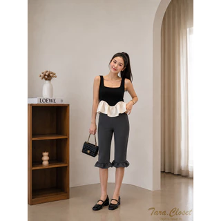PW600 TARA Short pants กางเกง 4 ส่วน เอวสูง ทรง Biker ปลายขาแต่งระบาย เอวยางยืด มีขอบเอว เนื้อผ้าวูลเวฟ ผ้ายืด ใส่สบาย