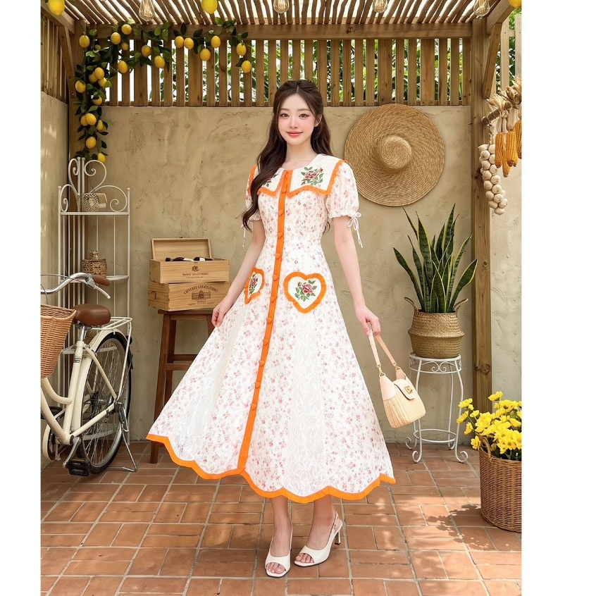 (มี3XL) Maria Diamond สีครีมส้ม Floral Orange Dress เดรสยาวผ้าคอตตอนฉลุพิมพ์ลาย ตัดต่อผ้าลูกไม้ ปกปัก ซิปหลัง มีซับใน