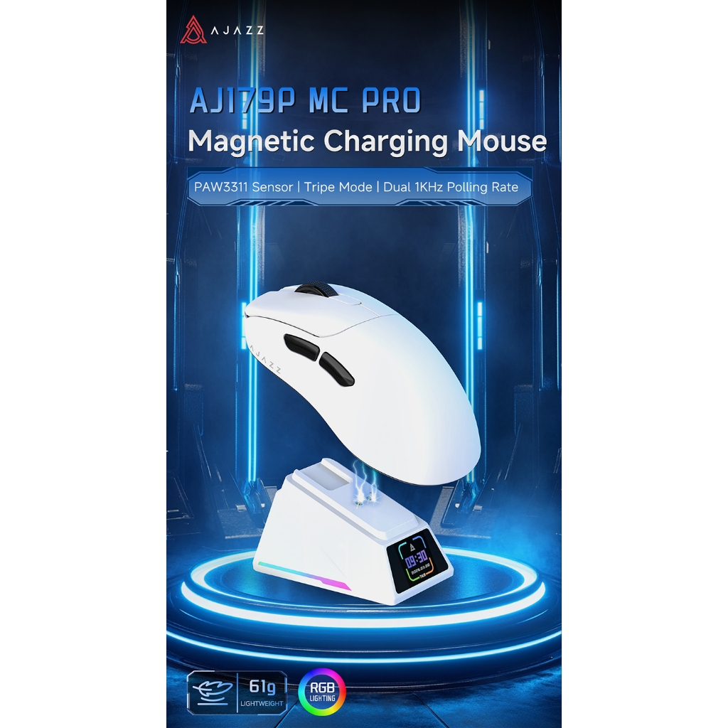 เมาส์เกมมิ่งพร้อมแท่นชาร์จ Ajazz AJ179P MC Pro Tri-Mod PAW3311 Chipset with Wireless LCD Charging St