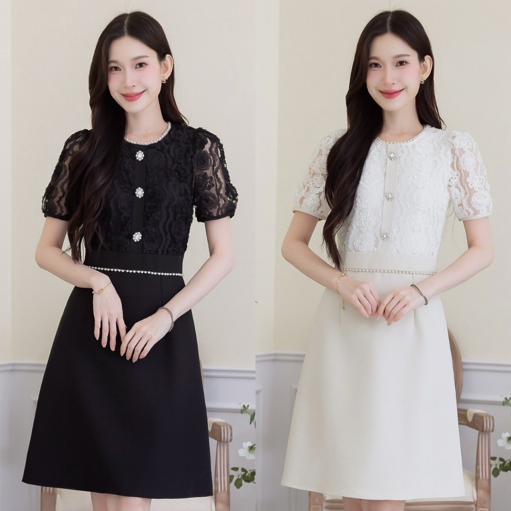 เดรสลูกไม้กระโปรงพื้น สวยเรียบหรูดูดีมากๆ ชุดนี้ ผ้าลูกไม้สวยมีมิติเทคเจอร์ชัด มีดีเทลแต่งมุกรอบคอและขอบเอวล่าง