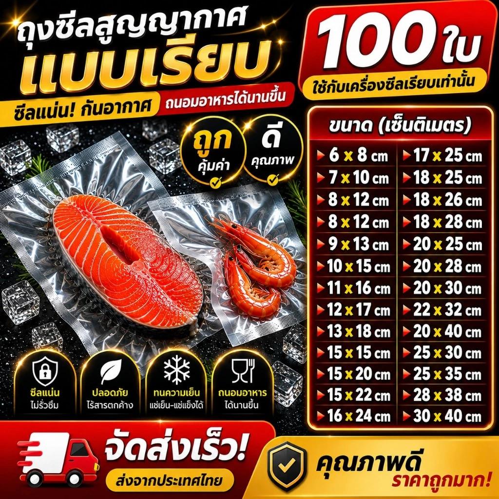 100 ใบ ถุงซีลสูญญากาศ หนา 160 ไมครอน แบบเรียบ ทนทาน ใช้งานได้หลากหลาย