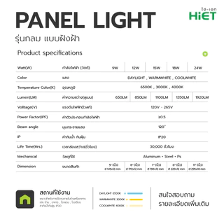 HIET โคมพาเนลไลท์ แบบฝังฝ้า ทรงกลม LED Panel light Round 9W 12W 15W โคมไฟเพดาน แสงขาว แสงวอร์ม