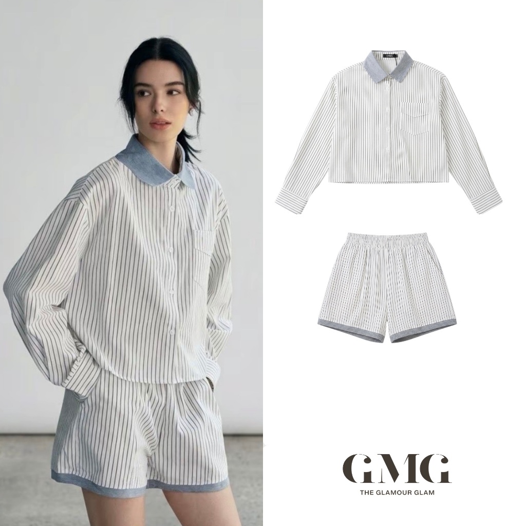 ชุดเซ็ท เสื้อเชิ้ต Oversize+กางเกงขาสั้น ผ้าCotton Twill ลายทางสลับสี ขาว/เทา มีกระเป๋าเสื้อ (Strap ปกเทา Set)
