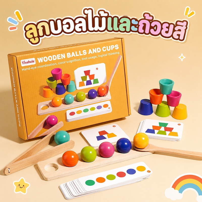 ชุดของเล่นมอนเตสซอรี่ จับคู่สี ลูกบอลไม้ 6 สี ถ้วยไม้ ไม้หนีบ ช้อน การ์ด 40 ใบ ช่วยฝึกการสังเกต จดจำสี และกล้ามเนื้อมือ