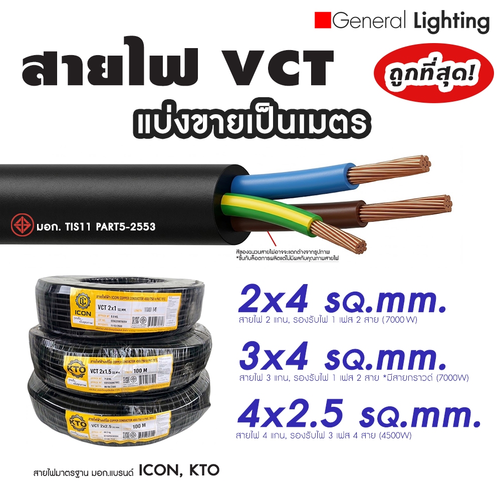 สายไฟ VCT สายไฟเมนต์-โซลาร์เซลล์ แบ่งขายเป็นเมตร 2x4 3x4 4x2.5 ยี่ห้อ ICON, KTO มอก.