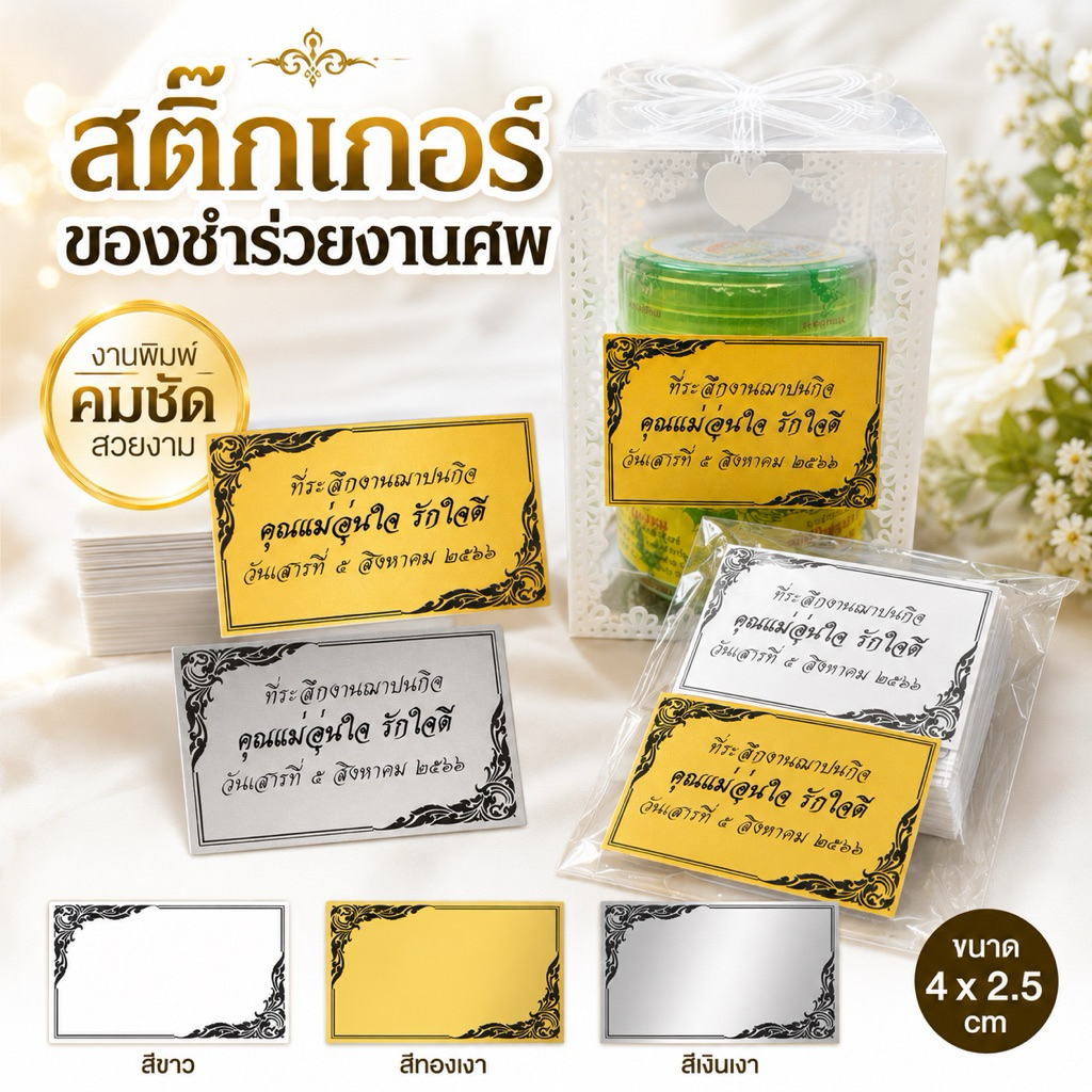 ส่งด่วน!! สติ๊กเกอร์ ของชำร่วย งานศพ ฌาปนกิจ ตัดพร้อมใช้งาน