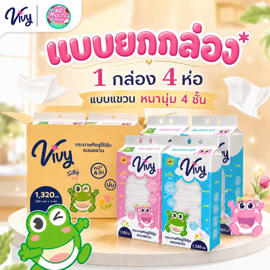 [ยกลัง 4 แพ็ค] วีวี่ กระดาษทิชชูเช็ดหน้า แบบแขวนผนัง (กบน้อย) ทิชชูหนานุ่ม 4 ชั้น พร้อมส่ง