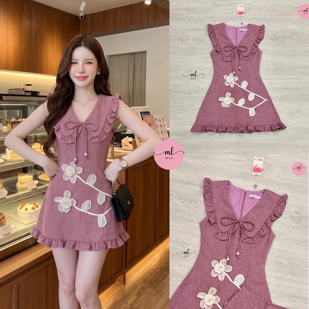 [MILA] เซ็ต 2 ชิ้น มินิเดรสคอปกแต่งระบายและโบว์ผูก มีดอกกุหลาบสามมิติช่วงชายกระโปรงเอวเข้ารูปเก็บทรง