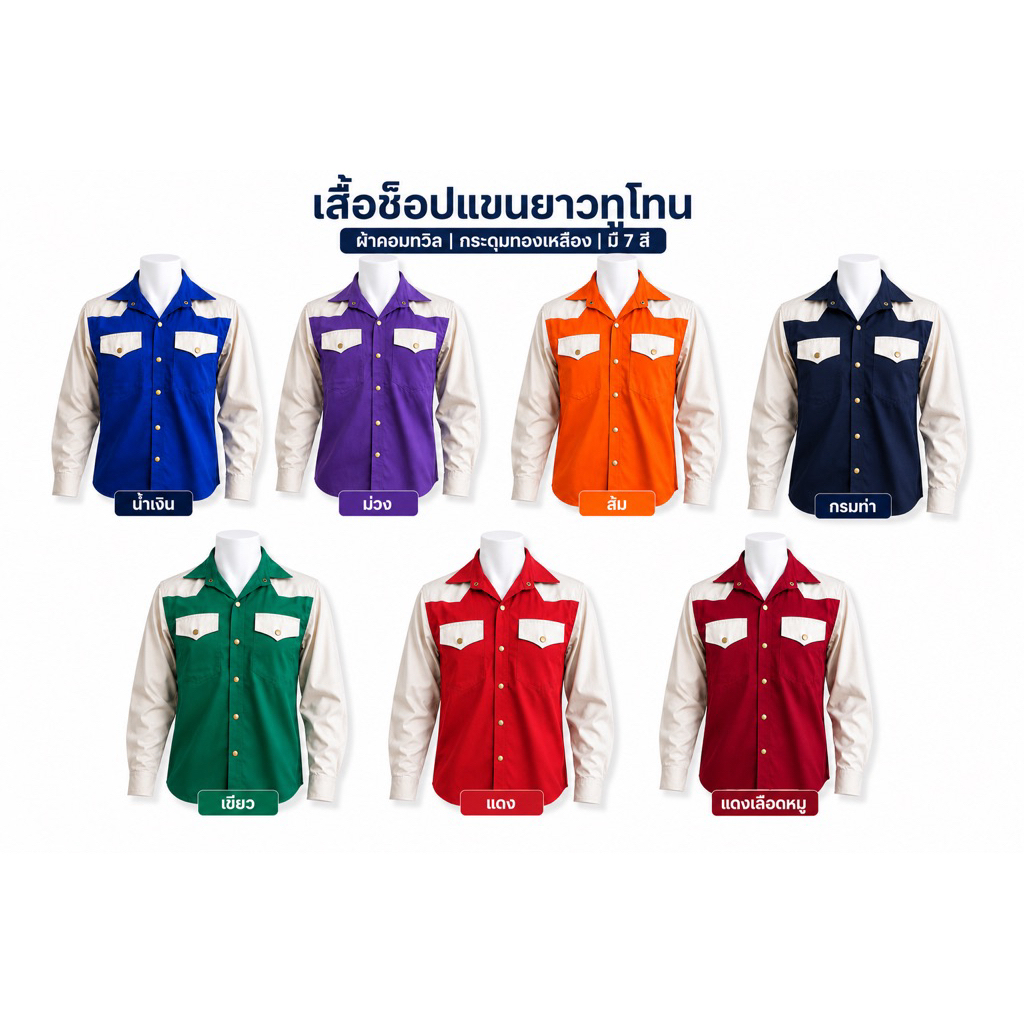 เสื้อช็อปทำงาน แขนยาว (รุ่นแขนครีม) ไซส์Xs-7XL กระดุมทอง