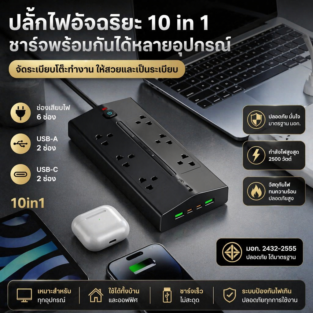 JFKDX รางปลั๊กหลายรูแบบเอียงมาตรฐานไทย กำลังไฟ 2300w สายไฟ 2M พร้อมพอร์ตชาร์จ 2USB-A + 2Type-C