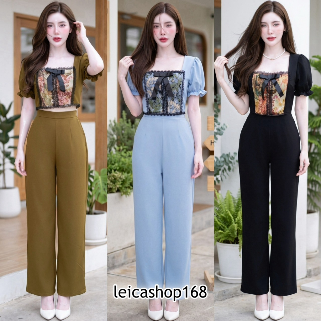 สินค้าพร้อมส่ง ชุดเซตออกงาน ผ้าวูลเวฟ เสื้อทรงครอบแขนตุ๊กตาแต่งผ้าทอแต่งลูกไม้ติดริบบิ้นโบว์ + กางเกงเอวเรียบสม๊อคหลัง