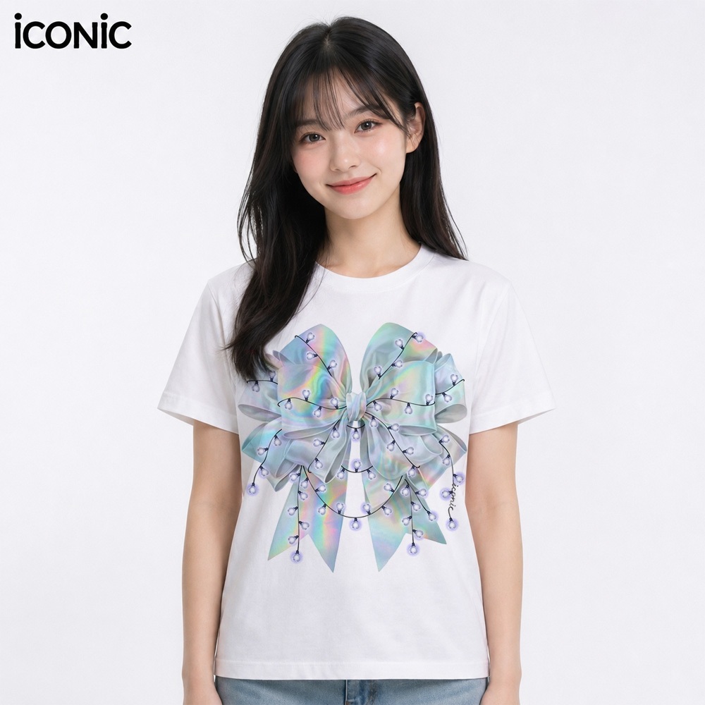 iCONiC CAROL T-SHIRT SILVER #20325X สีเงิน เสื้อยืด พิมพ์ลายโบว์ ประดับไฟ