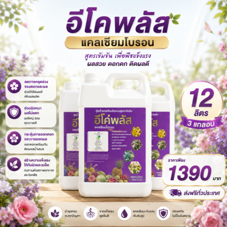แคลเซียมโบรอน อีโค่พลัส เพิ่มการผสมเกสร ลดการหลุดร่วงของผล ลดปัญหาผลแตก (ขนาด4ลิตร จำนวน3แกลอน รวม12ลิตร )