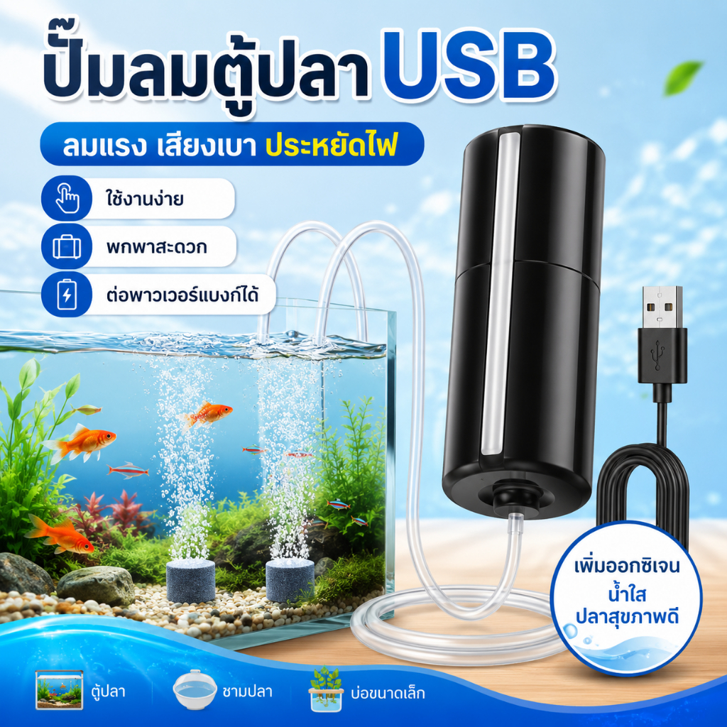 ปั๊มลมตู้ปลา USB ขนาดเล็ก เสียงเงียบ ประหยัดไฟ เติมออกซิเจน ติดตั้งง่าย สำหรับตู้ปลา