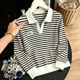เสื้อโปโลแขนยาวไซส์ใหญ่รุ่นใหม่สำหรับสุภาพสตรีวัยผู้ใหญ่ (ฤดูใบไม้ร่วงปี 2026): ดีไซน์ลายทางสุดเก๋ ช่วยพรางหุ่นให้ดูเพรี