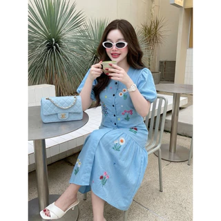 A1577 ชุดเซต เสื้อ+กระโปรง สีฟ้า ปักลายน่ารัก