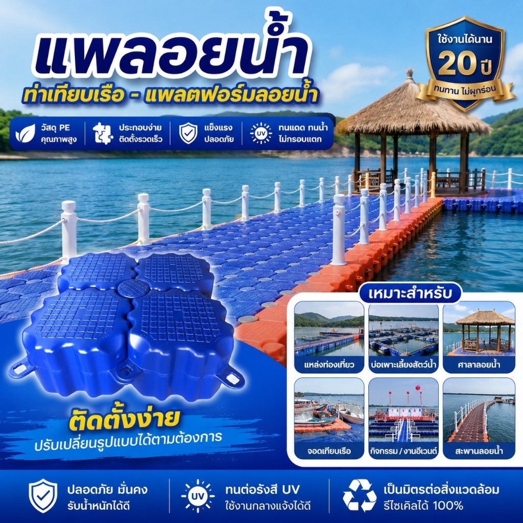 ทุ่นลอยน้ำ HDPE 50x50x40 ซม. แพลตฟอร์มลอยน้ำ ท่าเทียบเรือ สะพานลอยน้ำ รับน้ำหนัก 350KG/m² ติดตั้งง่าย กลางน้ำ แข็งแรง