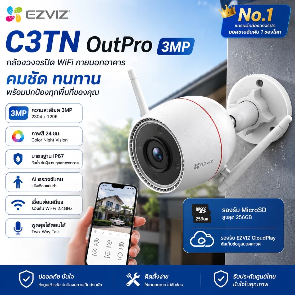 Ezviz C3TN OutPro 3MP กล้องวงจรปิดภายนอก (EZV-C3TN-A01H3WKFL) Wi-Fi Camera