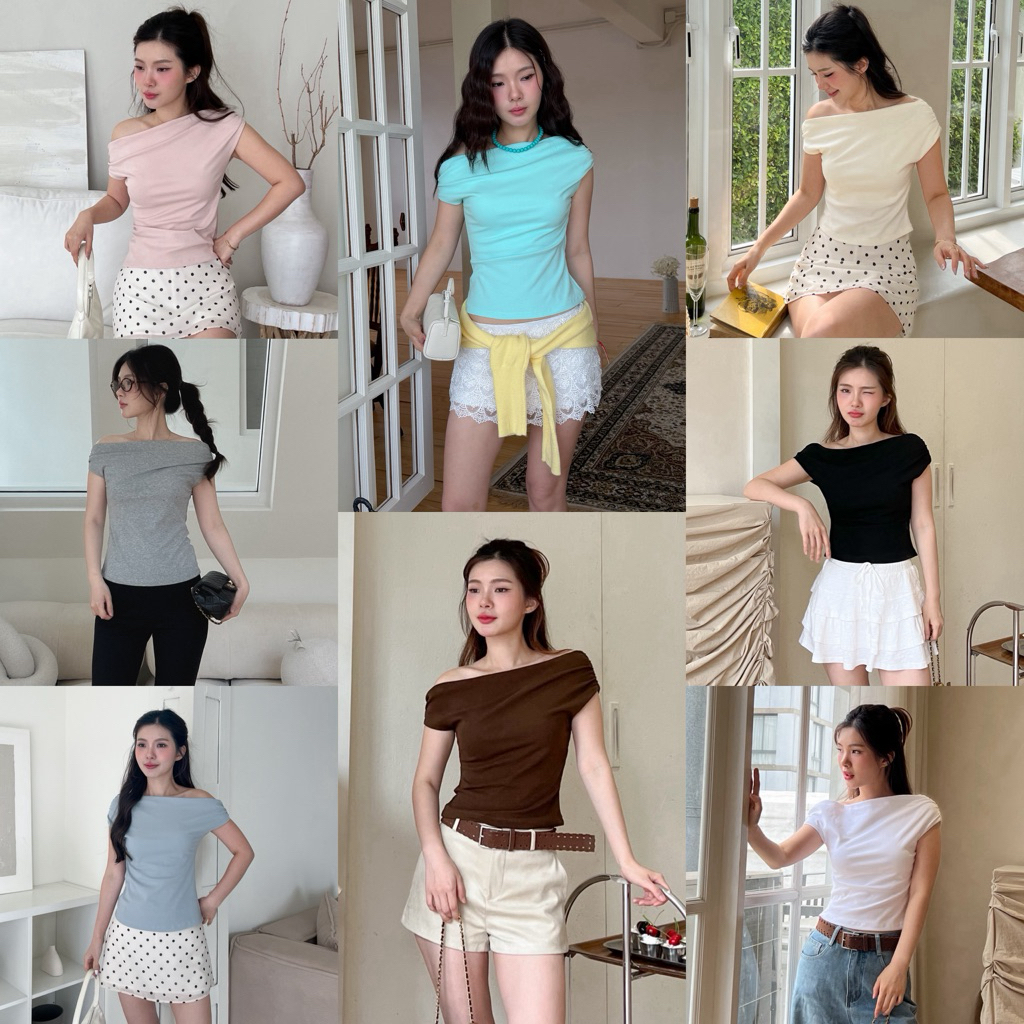 SHOP.POPO-Bonnie top เสื้อปาดไหล่เย็บย่นช่วงแขน