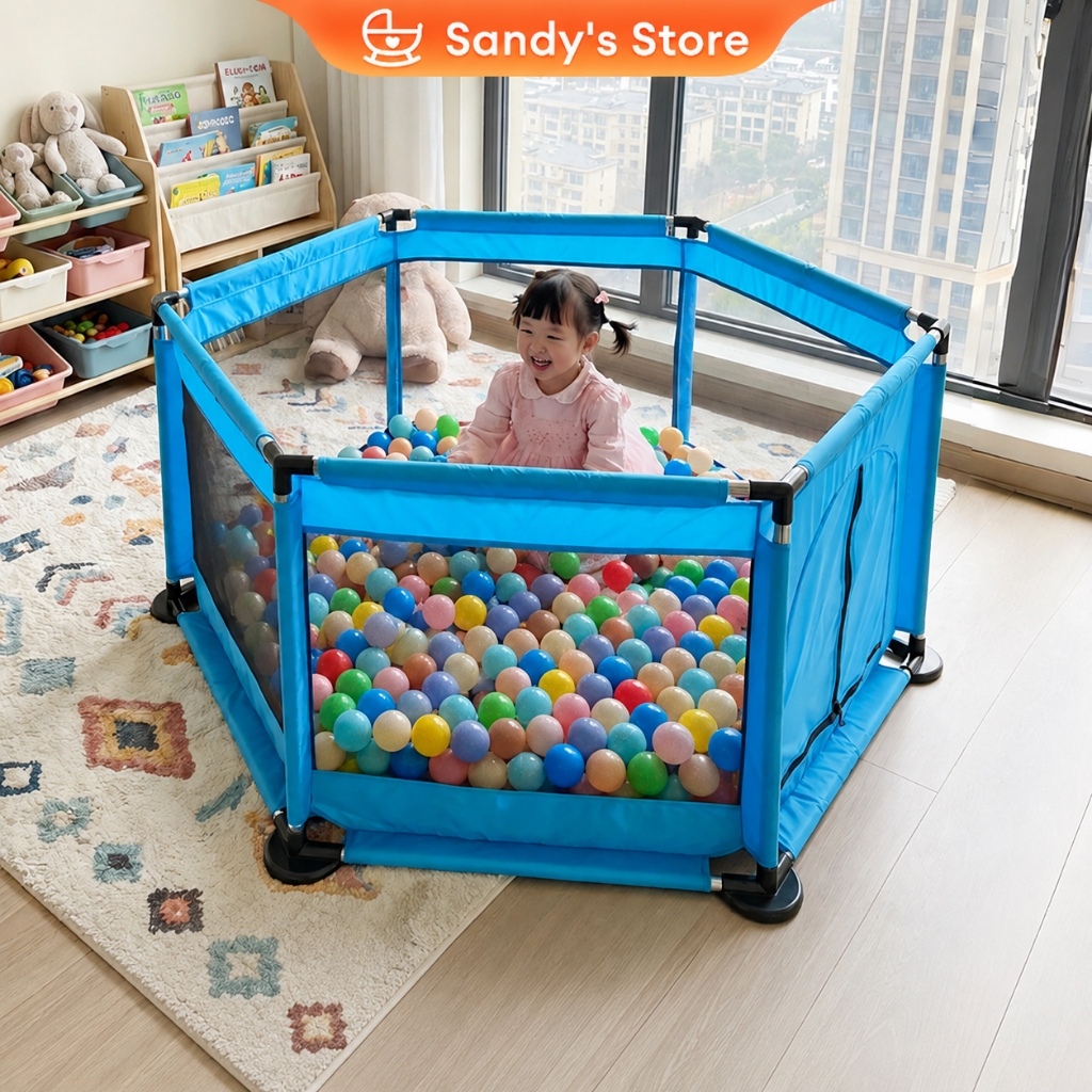 คอกกั้นเด็ก 6ฟุต คอกเด็ก ผ้าตาข่าย รุ่น6เหลี่ยม แข็งแรง พับได้ Baby Playpen
