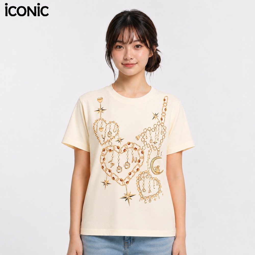iCONiC LUV CREAM T-SHIRT #20286X เสื้อยืด พิมพ์ลาย พระจันทร์ กระต่าย สร้อยคอ เสื้อแฟชั่น