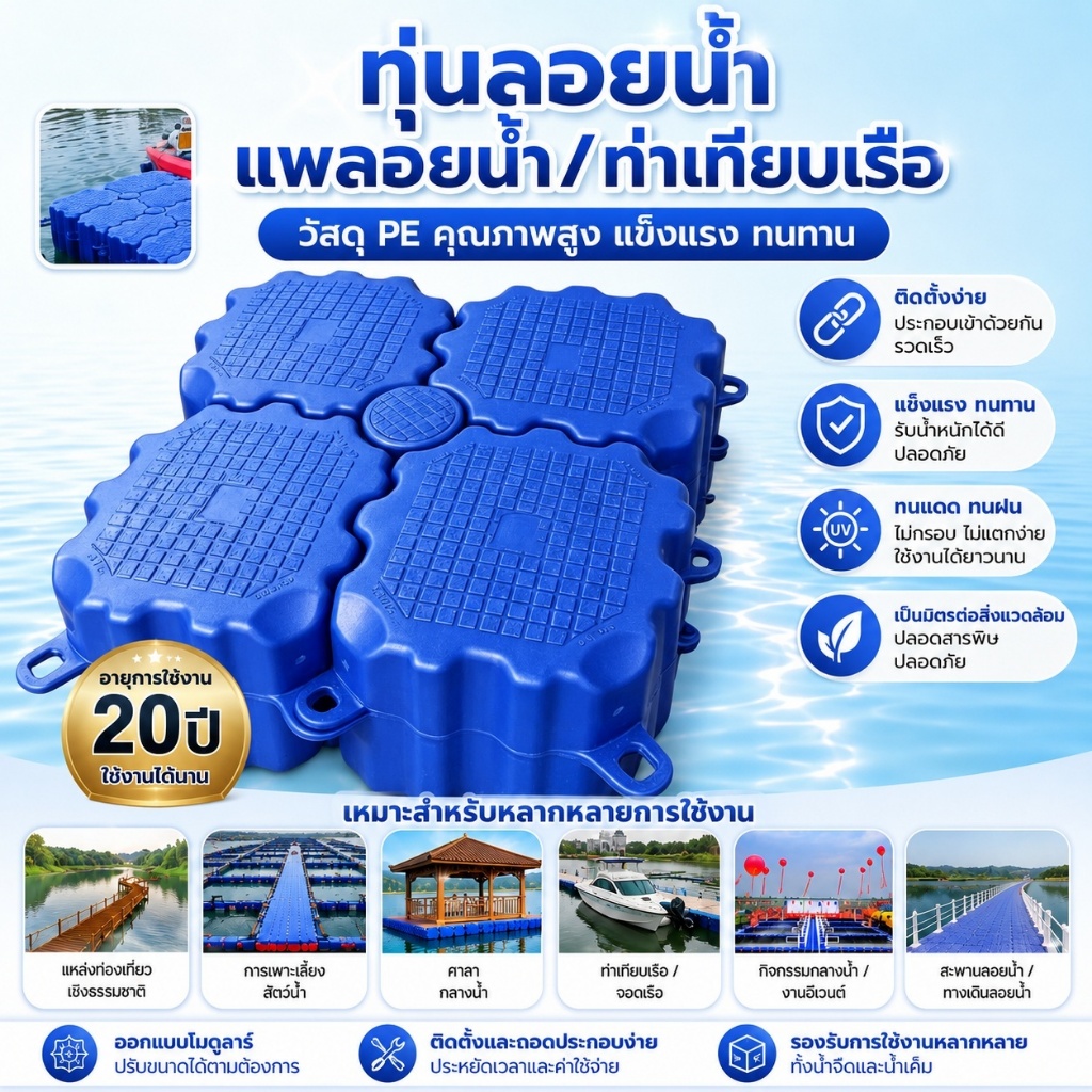 ทุ่นพลาสติก HDPE ขนาด 50×50×40 ซม. สวนน้ำ ท่าเทียบเรือ สะพานบนแม่น้ำ แท่นตกปลาบนผิวน้ำ รับน้ำหนักได้ 350KG/m²