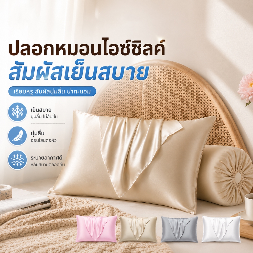【COD】ปลอกหมอนผ้าซาติน ปลอกหมอนเย็น ปลอกหมอนนุ่มลื่น เรียบหรู ลดการเสียดสี ขนาด 70×50 ซม.