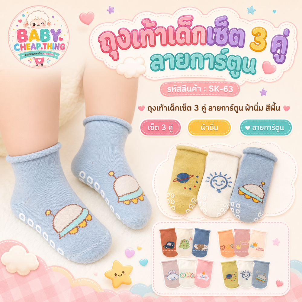 ถุงเท้าเด็ก (SK63) - ถุงเท้าเด็กเซ็ต 3 คู่ ลายการ์ตูน ผ้านิ่ม