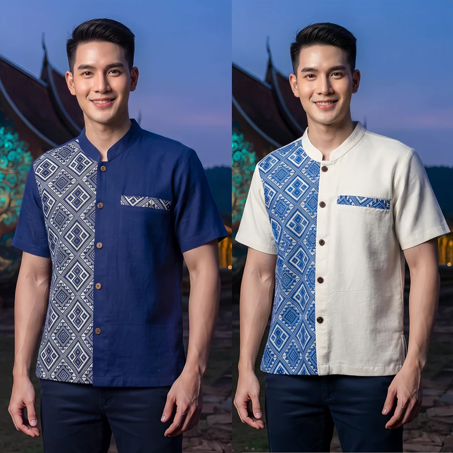 🎗เสื้อพื้นเมืองชาย ทูโทนลายขิด🎗