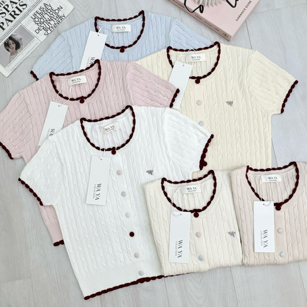 WA YA #25172 เสื้อไหมพรมทรงพอดีตัว กระดุมใช้งานได้จริง ผ้าพรีเมียมแขนสั้น
