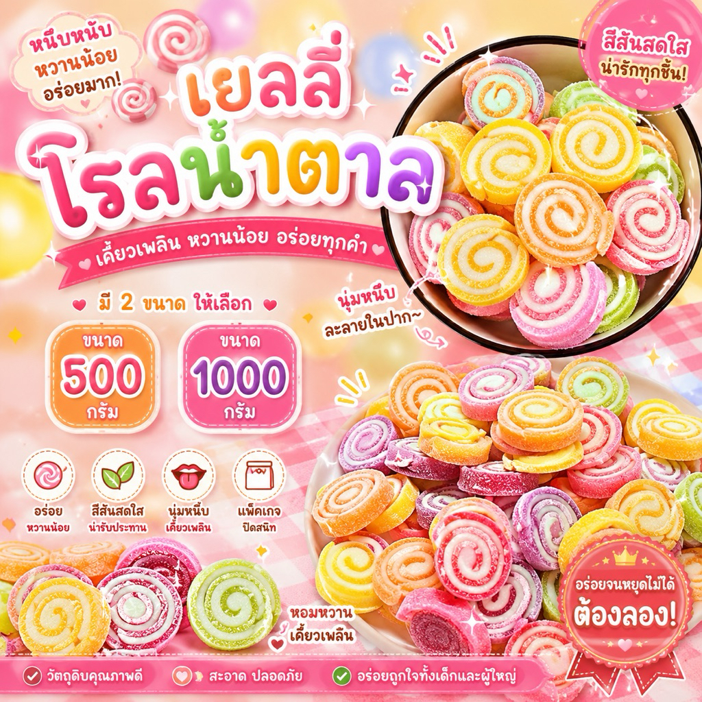 🍭🍭เยลลี่โรลน้ำตาล🍭🍭 เกรดนำเข้า หวานน้อย เคี้ยวเพลินนนน