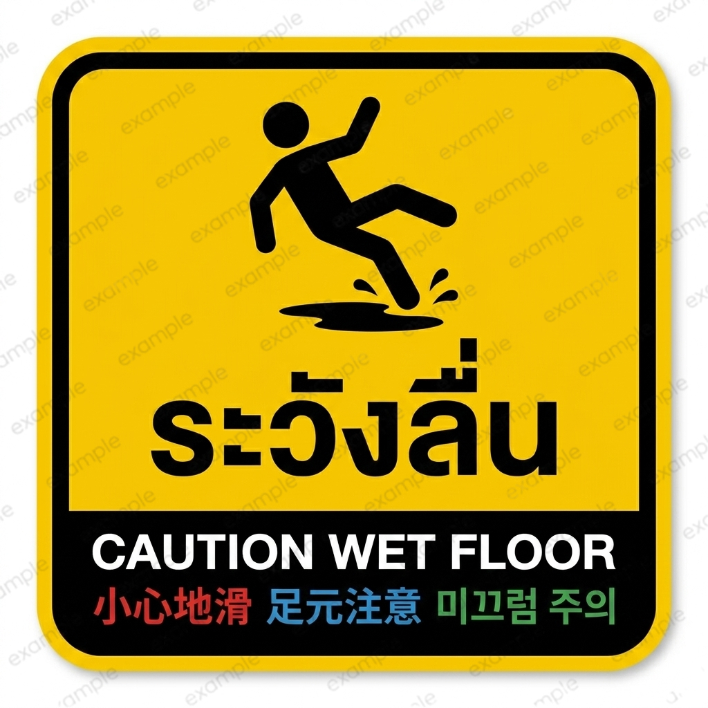 สติ๊กเกอร์ป้าย ระวังลื่น พื้นเปียก Caution Wet Floor ติดร้านค้า โรงแรม กันน้ำ PVC 6 นิ้ว 8 นิ้ว