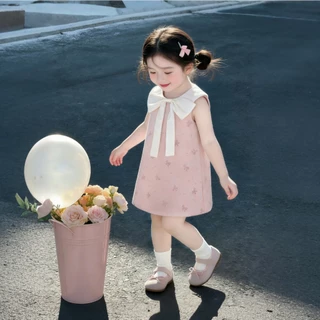 Betterland แฟชั่น เดรสเด็กผู้หญิง สีชมพูโบว์ซาติน กุด ชุดเจ้าหญิงเด็กสาว 1-9 ปี