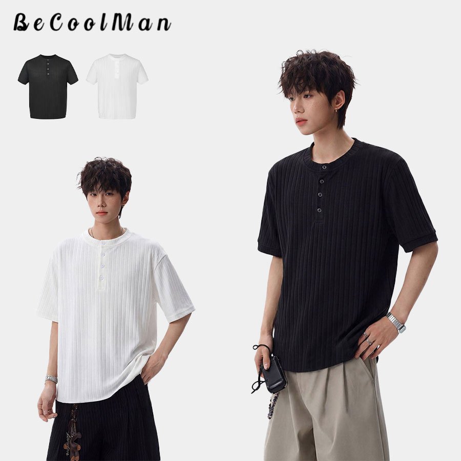 💥BecoolMan💥เสื้อยืดผู้ชายสีล้วน ลายทาง การออกแบบกระดุมคอเสื้อ หลวม แมทช์ง่าย สไตล์ลำลองความสะดวกสบาย แบบบางสำหรับฤดูร้อน