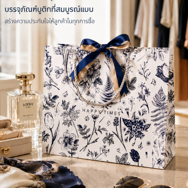 ถุงกระดาษของขวัญลายดอกไม้สีน้ำเงินขาว หูหิ้วเชือก แถมริบบิ้นน้ำเงินทอง 2เส้น 4ขนาด หนาแข็งแรง งานแต่ง วันเกิด