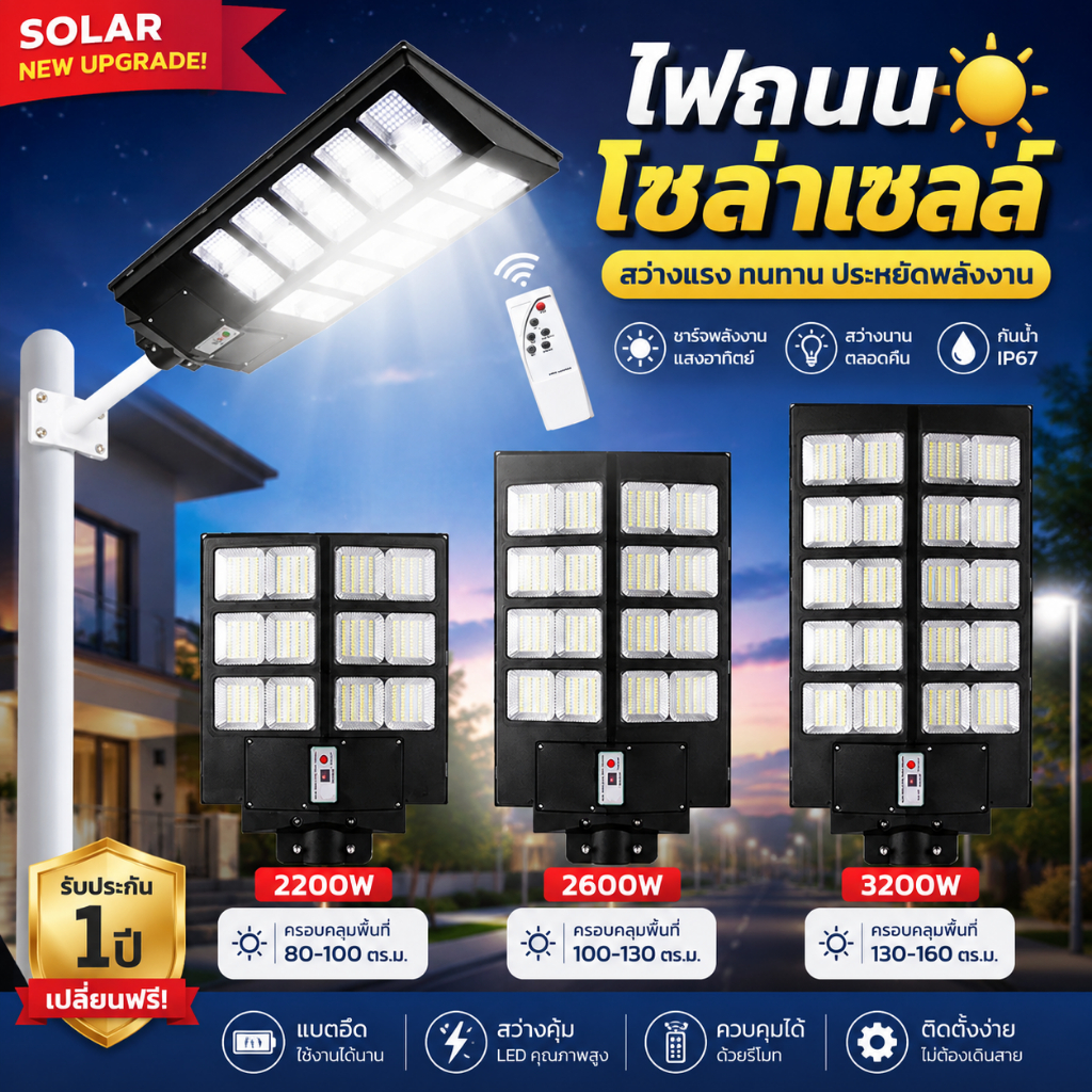 ไฟโซล่าเซลล์ Solar Light LED ไฟถนนโซล่าเซลล์ 1600W 2500W 2200W 3200W แสงสีขาว