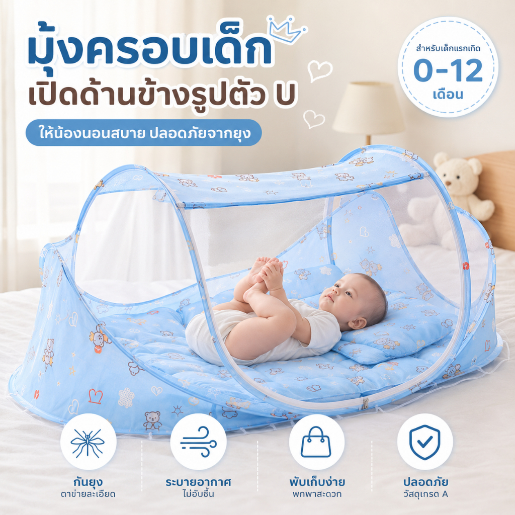 Domeliv มุ้งครอบเด็ก 4in1 พร้อมที่นอนและหมอน มุ้งกันยุงเด็กแรกเกิด พับเก็บง่าย ผ้าฝ้าย100% สำหรับเด็ก 0-12 เดือน
