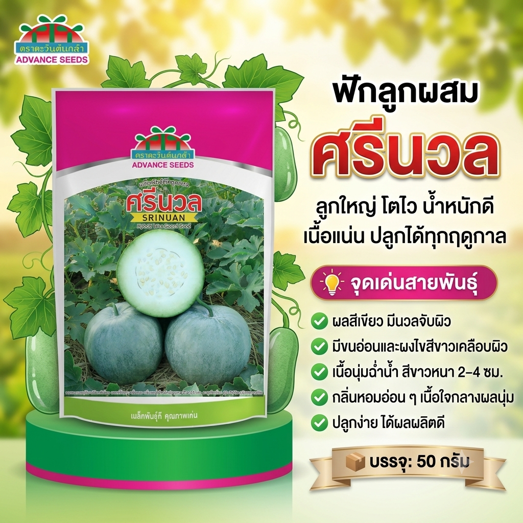 เมล็ดฟักลูกผสม ศรีนวล ตราตะวันต้นกล้า