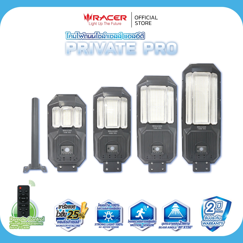 Racer โคมไฟถนนโซล่าเซลล์ รุ่น Street Light Private Pro แสงขาว ไฟโซล่าเซลล์ ตรวจจับเซ็นเซอร์ มีรีโมทค