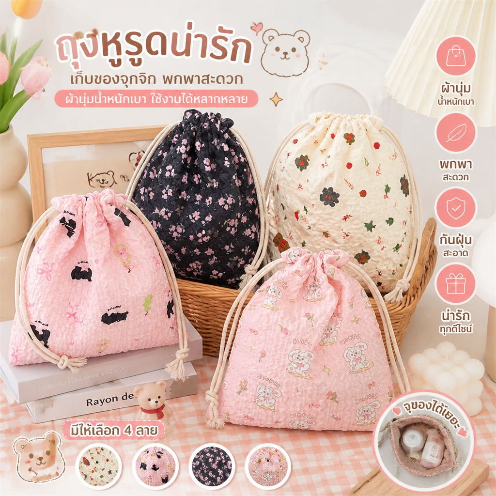 กระเป๋าผ้าหูรูดลายน่ารัก มีเชือกรูด ใส่เครื่องสำอาง ของจุกจิก พกพาได้