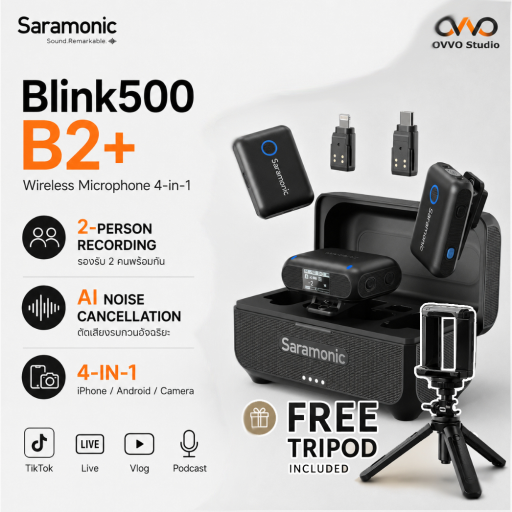 Saramonic Blink500 B2+ ไมค์ไร้สาย 4in1 AI ตัดเสียงรบกวน ใช้ได้ iPhone Android กล้อง ไลฟ์สด TikTok Vlog รับประกัน 2 ปี