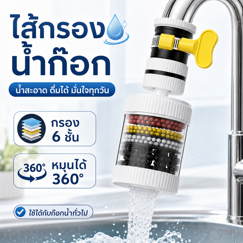 ตัวกรองก๊อกน้ำ 6 ชั้น วัสดุ TPR ทนทาน ติดตั้งง่าย หมุนได้ 360 องศา กันน้ำกระเด็น